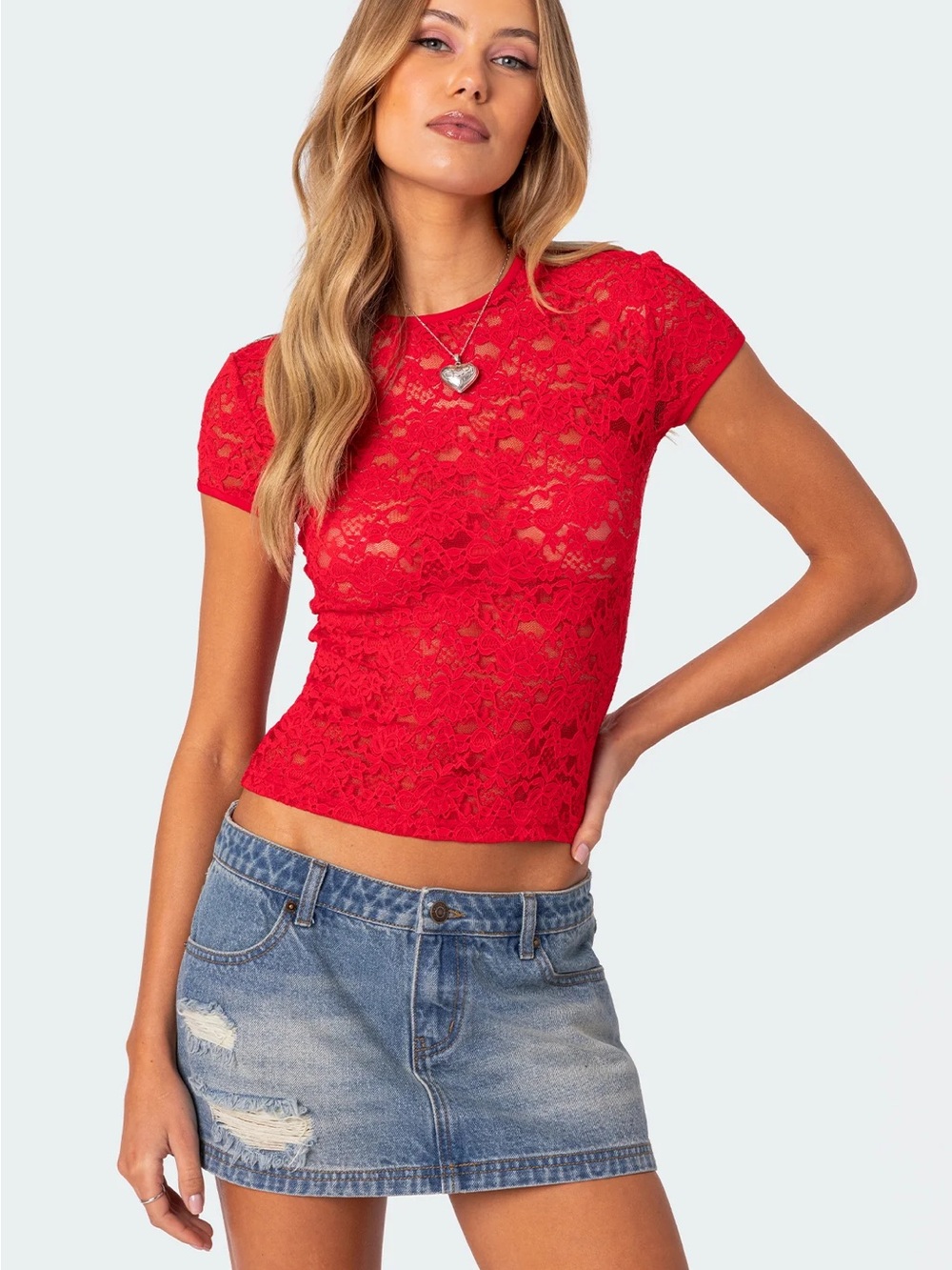 Edikted Red Floral Lace Short Sleeve Crop Top